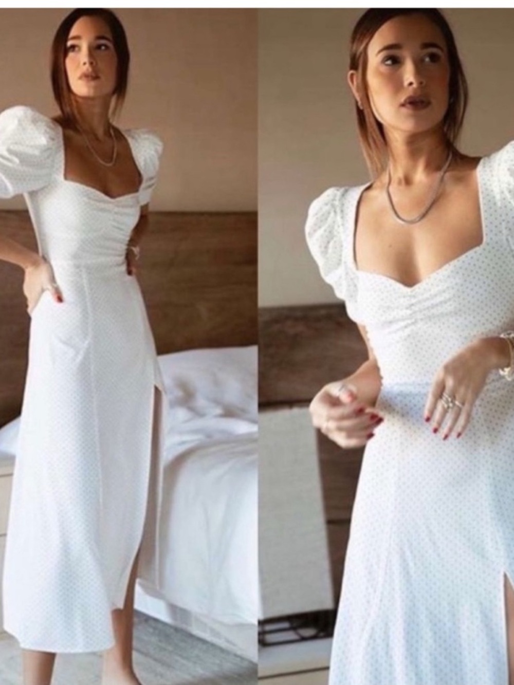 WeWoreWhat White Polka Dot Midi Dress with Puff Sleeves